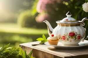 ai generiert ein Blau und Weiß China Teekanne und ein Tasse von Tee auf ein hölzern Tabelle In. KI-generiert foto