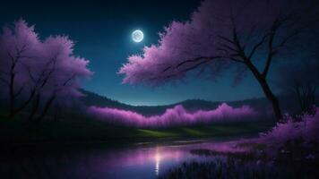 ai generiert Fantasie Landschaft mit Kirsche Blühen Bäume, Fluss und Mond im das Nacht. foto