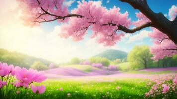 ai generiert Frühling Landschaft mit Kirsche Blühen Bäume und Rosa Blumen. Frühling Hintergrund. foto
