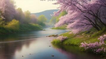 ai generiert Kirsche Blüten im voll blühen Über ein klein Fluss im das Frühling foto