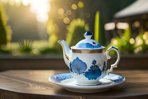 ai generiert ein Blau und Weiß China Teekanne und ein Tasse von Tee auf ein hölzern Tabelle In. KI-generiert foto