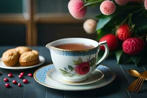 ai generiert ein Blau und Weiß China Teekanne und ein Tasse von Tee auf ein hölzern Tabelle In. KI-generiert foto