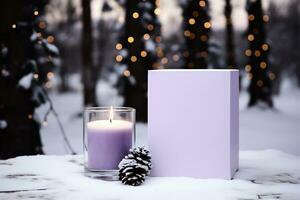 ai generiert Verbrennung Kerze und Weihnachten Dekoration auf Schnee im Winter Wald beim Nacht foto