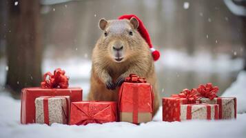 ai generiert Chipmunk im rot Weihnachten Santa Hut halten Geschenk Geschenk Box isoliert ausgeschnitten auf Weiß Hintergrund foto