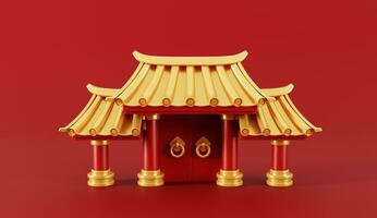 3d machen von Chinesisch Tempel Tor zum glücklich Chinesisch Neu Jahr 2024 auf rot Hintergrund. foto