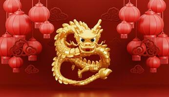3d machen von golden Drachen mit Laternen zum glücklich Chinesisch Neu Jahr 2024 auf rot Hintergrund. foto