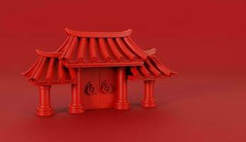 3d machen von rot Chinesisch Tempel Tor zum glücklich Chinesisch Neu Jahr 2024 auf rot Hintergrund. foto