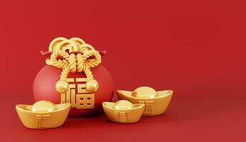 3d machen von Glücklich Geld Tasche mit Münzen und Barren zum glücklich Chinesisch Neu Jahr 2024 auf rot Hintergrund. foto