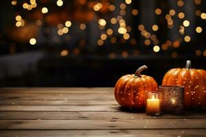 ai generiert Halloween Hintergrund mit Kürbisse auf hölzern Tabelle und Bokeh Beleuchtung foto
