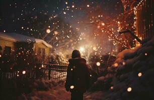 ai generiert ein Junge im ein rot Mantel Spaziergänge durch das schneebedeckt Stadt beim Nacht. foto