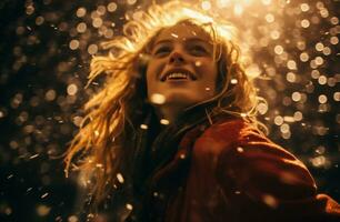 ai generiert Porträt von ein schön jung Frau im ein rot Mantel auf ein Hintergrund von fallen Schnee. foto