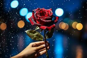 ai generiert weiblich Hand halten ein rot Rose auf das Hintergrund von das Nacht Stadt foto