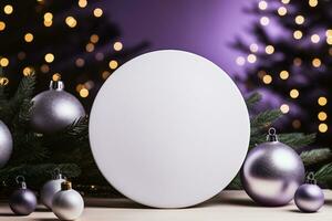 ai generiert leer Weiß runden Podium mit Weihnachten Dekorationen auf Bokeh Hintergrund foto