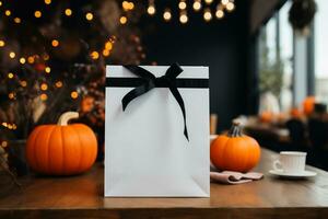 ai generiert Halloween Konzept. Weiß Papier Geschenk Tasche mit schwarz Band auf hölzern Tisch. foto