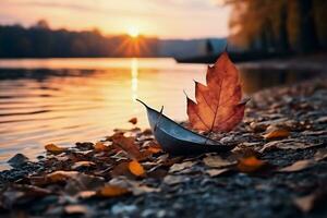 ai generiert Segeln Boot auf das Ufer von das See mit Herbst Blätter. foto