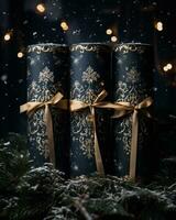 ai generiert Weihnachten Geschenk Kisten mit golden Bänder auf Hintergrund von Bokeh Beleuchtung foto