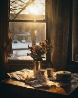 ai generiert immer noch Leben mit ein Strauß von getrocknet Blumen im ein Vase auf ein Fenster Schwelle beim Winter foto