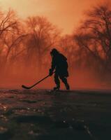 ai generiert Eishockey Spieler auf Eis im das Winter Wald. Silhouette foto