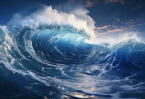 ai generiert groß Welle fallen auf das Ozean mit dunkel wolkig Himmel foto