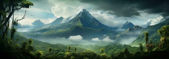 ai generiert tropisch Wald mit Berge und Wolken foto