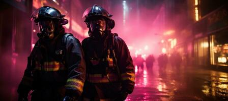 ai generiert zwei Feuerwehrleute sind Gehen aus im ein Bereich foto