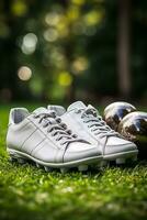 ai generiert ein Paar von weiß Fußball Sport Schuhe ist platziert auf das Fußball Feld foto