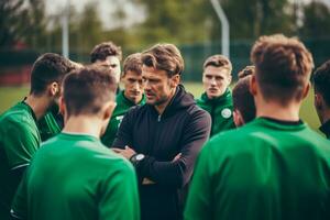 ai generiert das Kopf Trainer vermittelt wertvoll Anleitung zu ein Gruppe von Spieler beschäftigt, verlobt im ein heftig Ausbildung Session foto