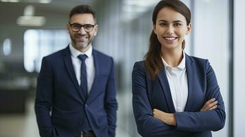 ai generiert Geschäft Mann und Frau lächelnd im Büro foto