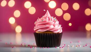 ai generiert ein Cupcake mit Rosa Glasur und Sträusel auf es foto