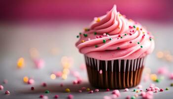 ai generiert ein Cupcake mit Rosa Glasur und Sträusel auf es foto