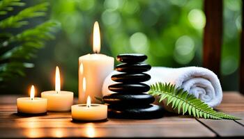 ai generiert Handtuch auf Farn mit Kerzen und schwarz heiß Stein auf hölzern Hintergrund. heiß Stein Massage Rahmen zündete durch Kerzen foto