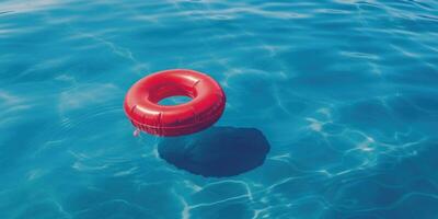 ai generiert rot aufblasbar schwimmen Ring schwebend im ein Blau Schwimmbad foto