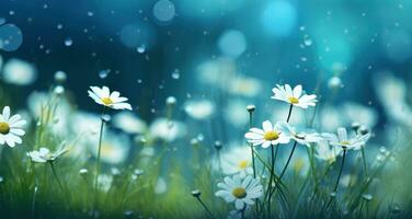 ai generiert Erbse Blumen, Gänseblümchen, Blätter im das Regen, bunt Hintergründe foto