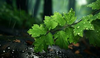 ai generiert Blätter und Regen Tropfen auf Blätter im das Wald foto