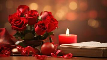 ai generiert romantisch Valentinstag Tag Hintergrund, Kerzenlicht, Rosen, und Zimmer zum herzlich Mitteilungen foto