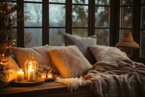 ai generiert gemütlich Winter Ästhetik, Sanft Decken, warm Beleuchtung, Erstellen ein einladend und gemütlich Atmosphäre foto
