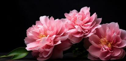ai generiert vier Rosa Blumen sind platziert auf oben von ein dunkel Hintergrund foto