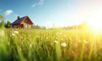 ai generiert Grün Gras im das Feld mit ein Haus im das Hintergrund foto