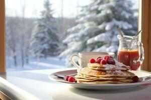 ai generiert gemütlich Wochenende Frühstück mit Pfannkuchen, Beeren, und ein Aussicht von schneebedeckt Landschaften. foto