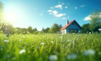 ai generiert Grün Gras im das Feld mit ein Haus im das Hintergrund foto