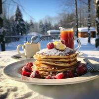 ai generiert gemütlich Wochenende Frühstück mit Pfannkuchen, Beeren, und ein Aussicht von schneebedeckt Landschaften. foto