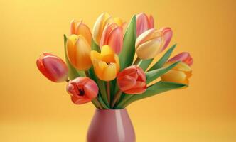 ai generiert bunt Tulpen im ein Vase von Licht Grün Farbe foto