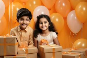 ai generiert Kinder lächelnd mit Geschenk Kisten und Luftballons auf das Fußboden foto