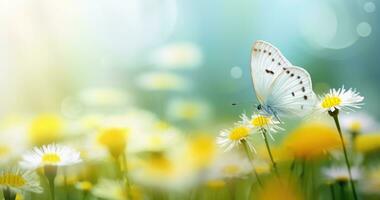 ai generiert ein Weiß und Gelb Schmetterling Sitzung in der Nähe von ein Blume foto