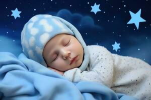 ai generiert ein Schlafen Baby mit Decken und Sterne auf ein Blau Hintergrund foto
