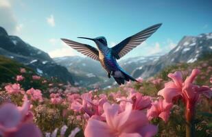 ai generiert ein Blau Vogel fliegend unter rot und Weiß Blumen foto