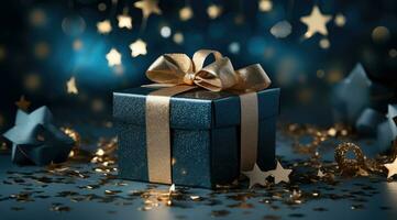 ai generiert ein Blau Geschenk Box mit Gold Sterne auf ein dunkel Hintergrund foto