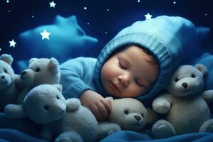 ai generiert ein Baby ist Schlafen im seine Blau Decke mit Bären foto