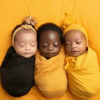 ai generiert das Unschuld und Schönheit von Vielfalt wie drei Neugeborene foto