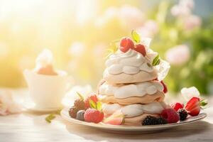 ai generiert Stapel von Baiser gekrönt mit Beeren bereit auf sonnig Licht Hintergrund. Baiser Dessert Pavlova Kuchen. generativ ai foto